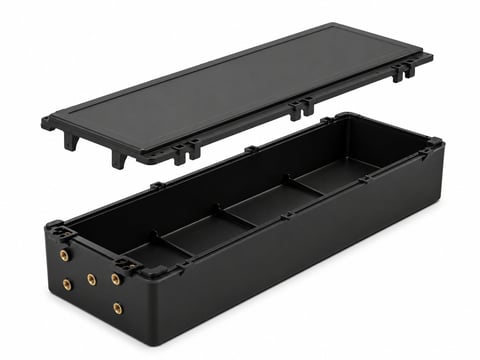 Black plastic storage organizer box with sliding lid and compartments, shown open and closed