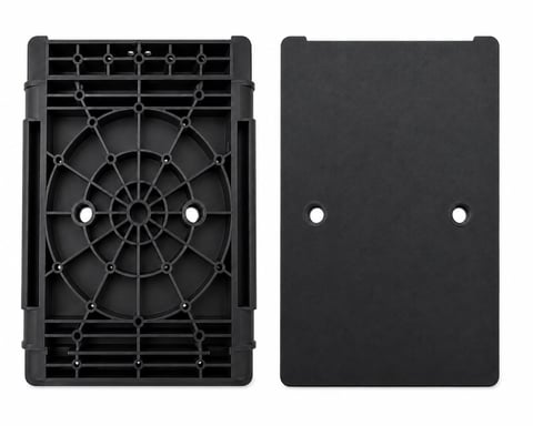 Black plastic phone case front and back with spiral fan pattern and mounting holes